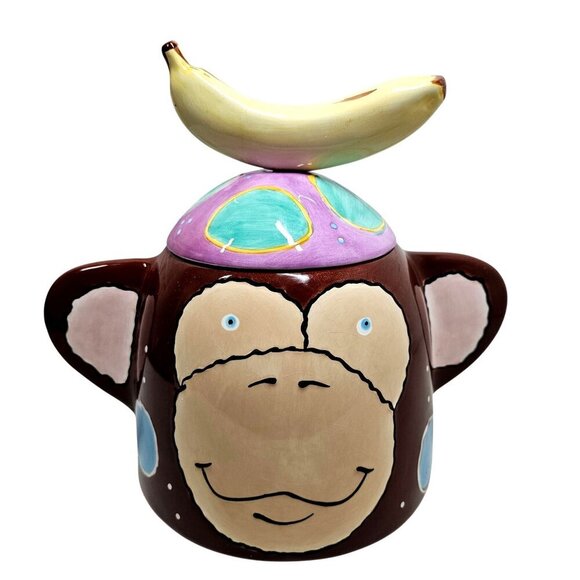 Joanne DeLomba for Lotus Y2K Monkey Cookie Jar Hand-Painted Ceramic w Banana Lid - Picture 1 of 10